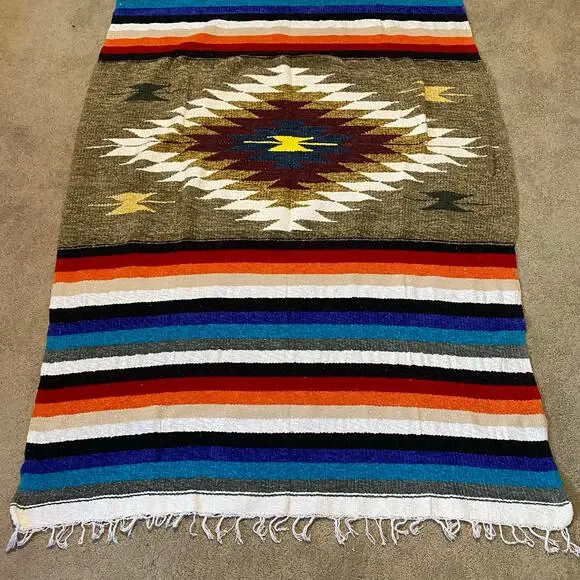 VTG Handmade Blanket Rainbow Woven Blanket Striped Aztec Native American 45x79 - Picture 3 of 7